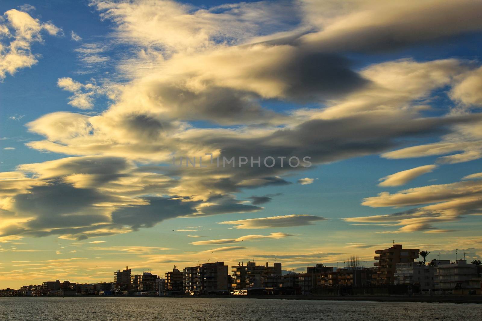 Colorful and Beautiful sky and sea at Sunset in Santa Pola, a small fishing village in southern Spain
