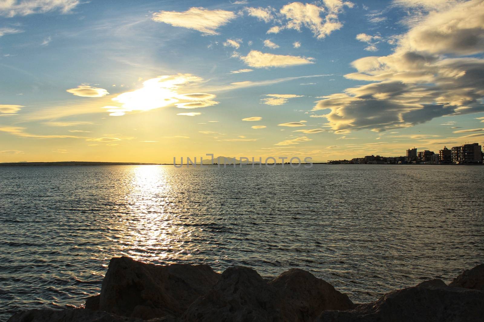 Colorful and Beautiful sky and sea at Sunset in Santa Pola, a small fishing village in southern Spain