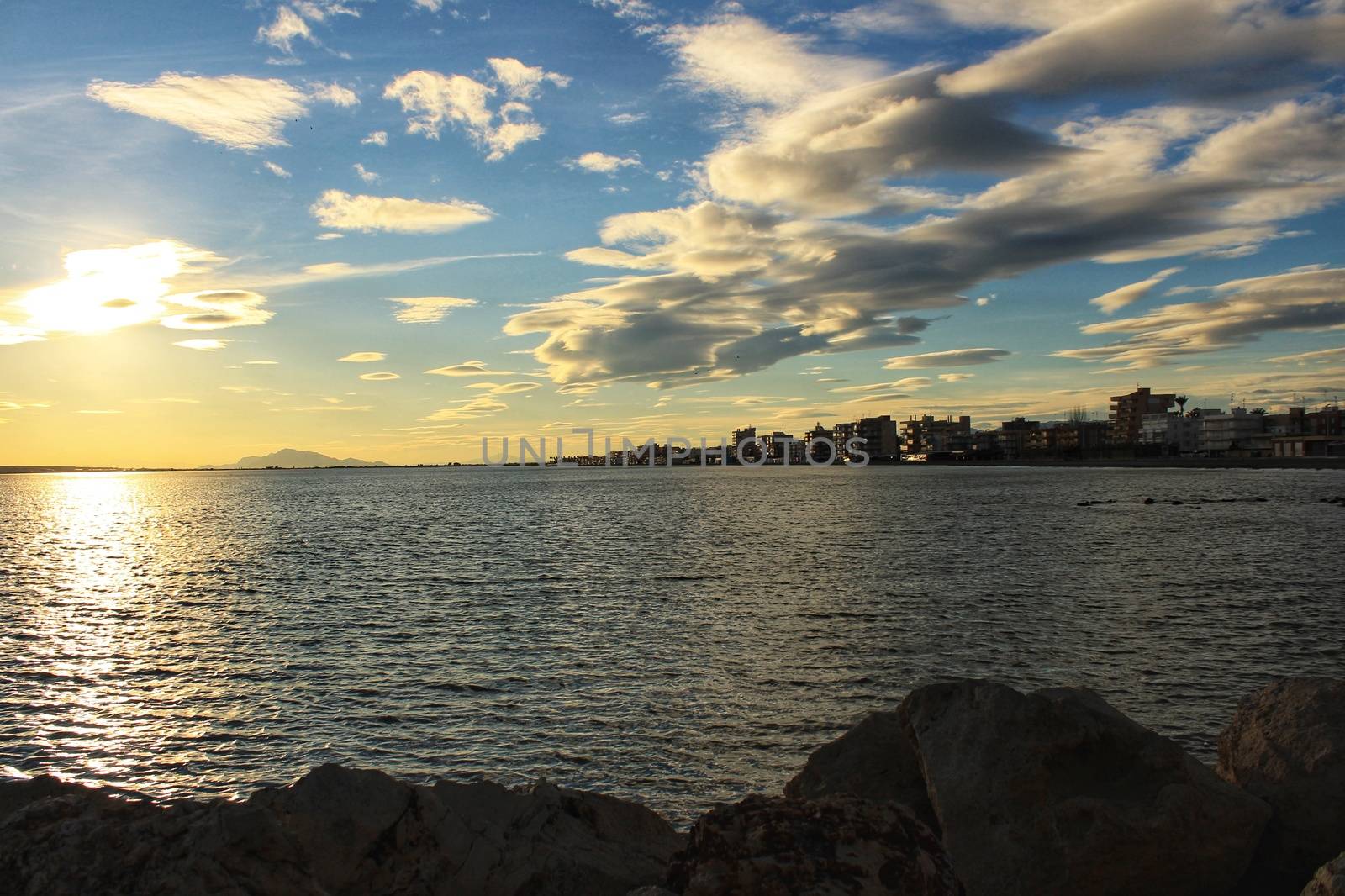 Colorful and Beautiful sky and sea at Sunset in Santa Pola, a small fishing village in southern Spain