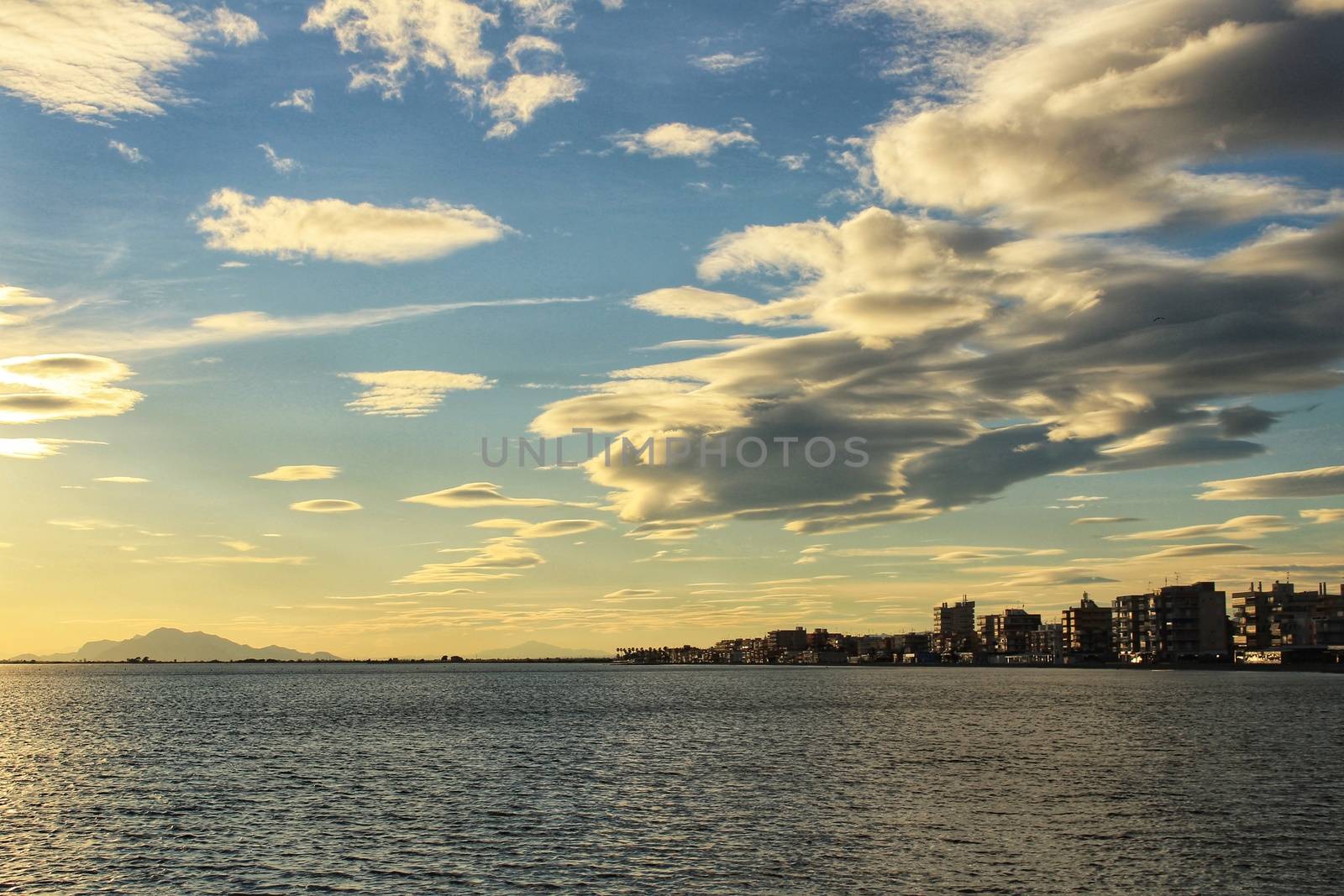 Colorful and Beautiful sky and sea at Sunset in Santa Pola, a small fishing village in southern Spain