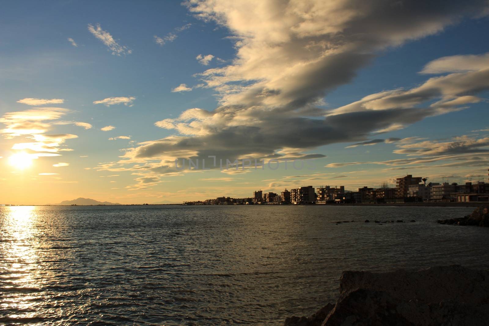 Colorful and Beautiful sky and sea at Sunset in Santa Pola, a small fishing village in southern Spain