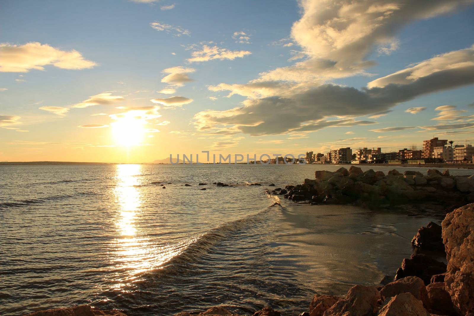 Colorful and Beautiful sky and sea at Sunset in Santa Pola, a small fishing village in southern Spain