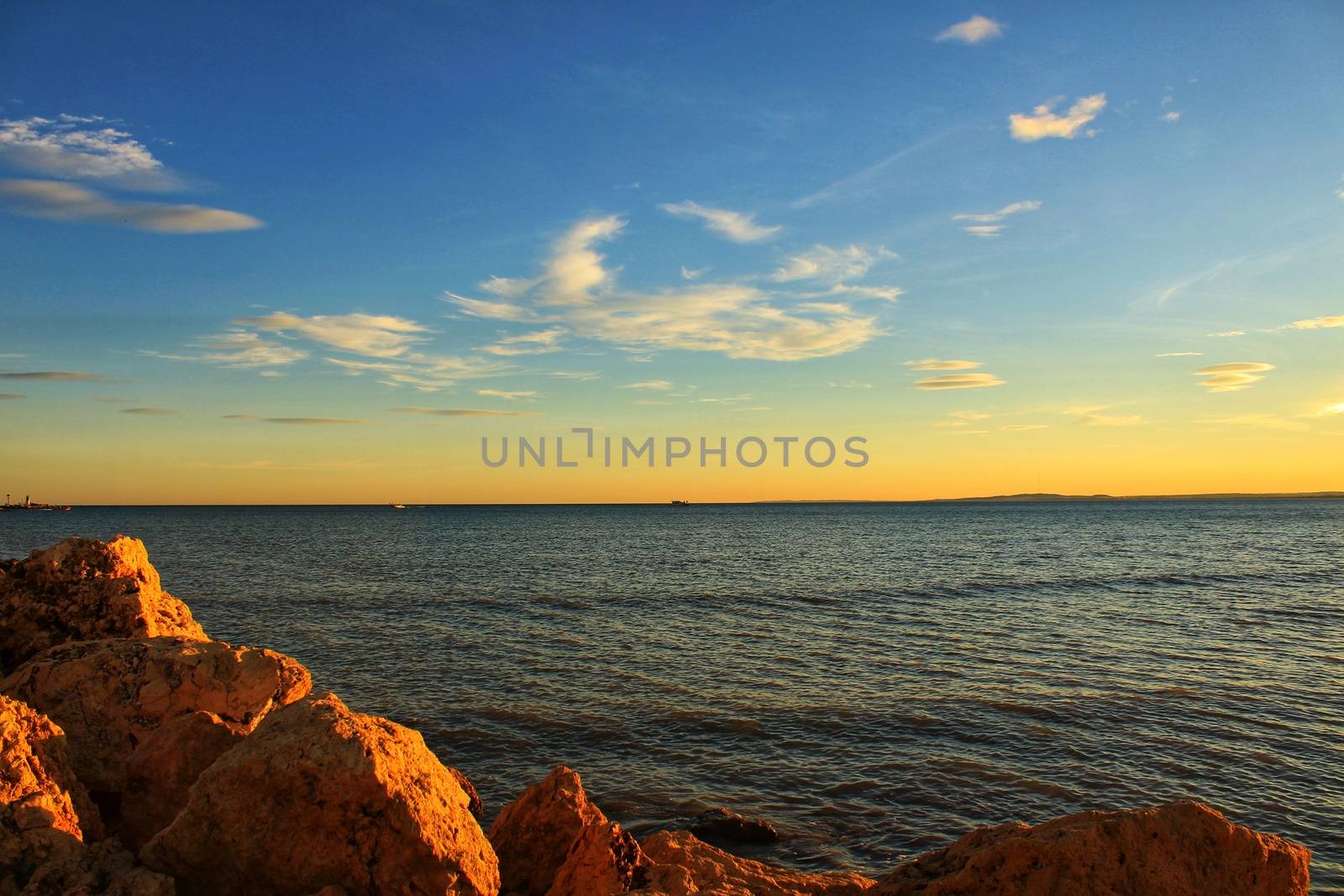 Colorful and Beautiful sky and sea at Sunset in Santa Pola, a small fishing village in southern Spain