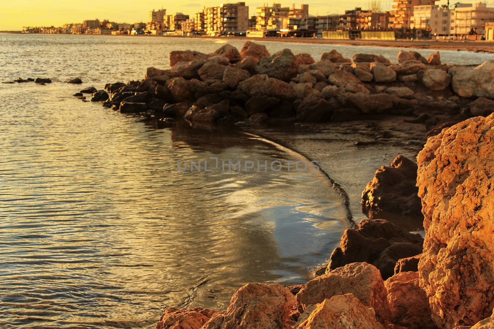 Colorful and Beautiful sky and sea at Sunset in Santa Pola, a small fishing village in southern Spain