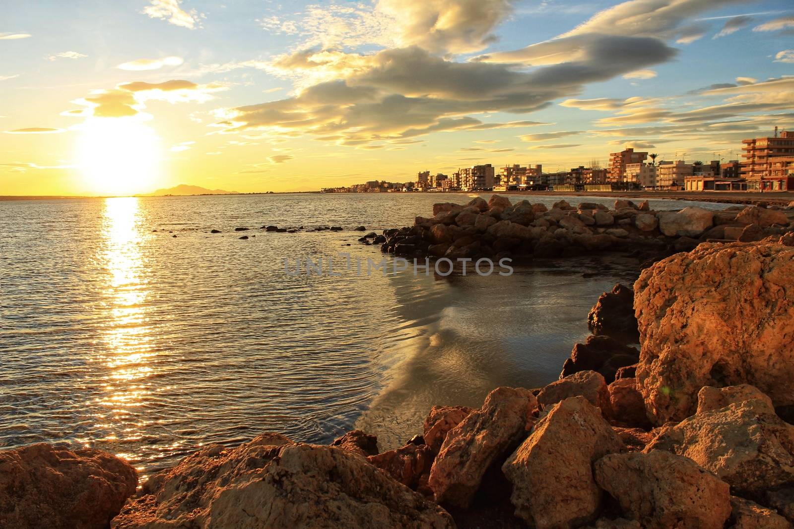 Colorful and Beautiful sky and sea at Sunset in Santa Pola, a small fishing village in southern Spain