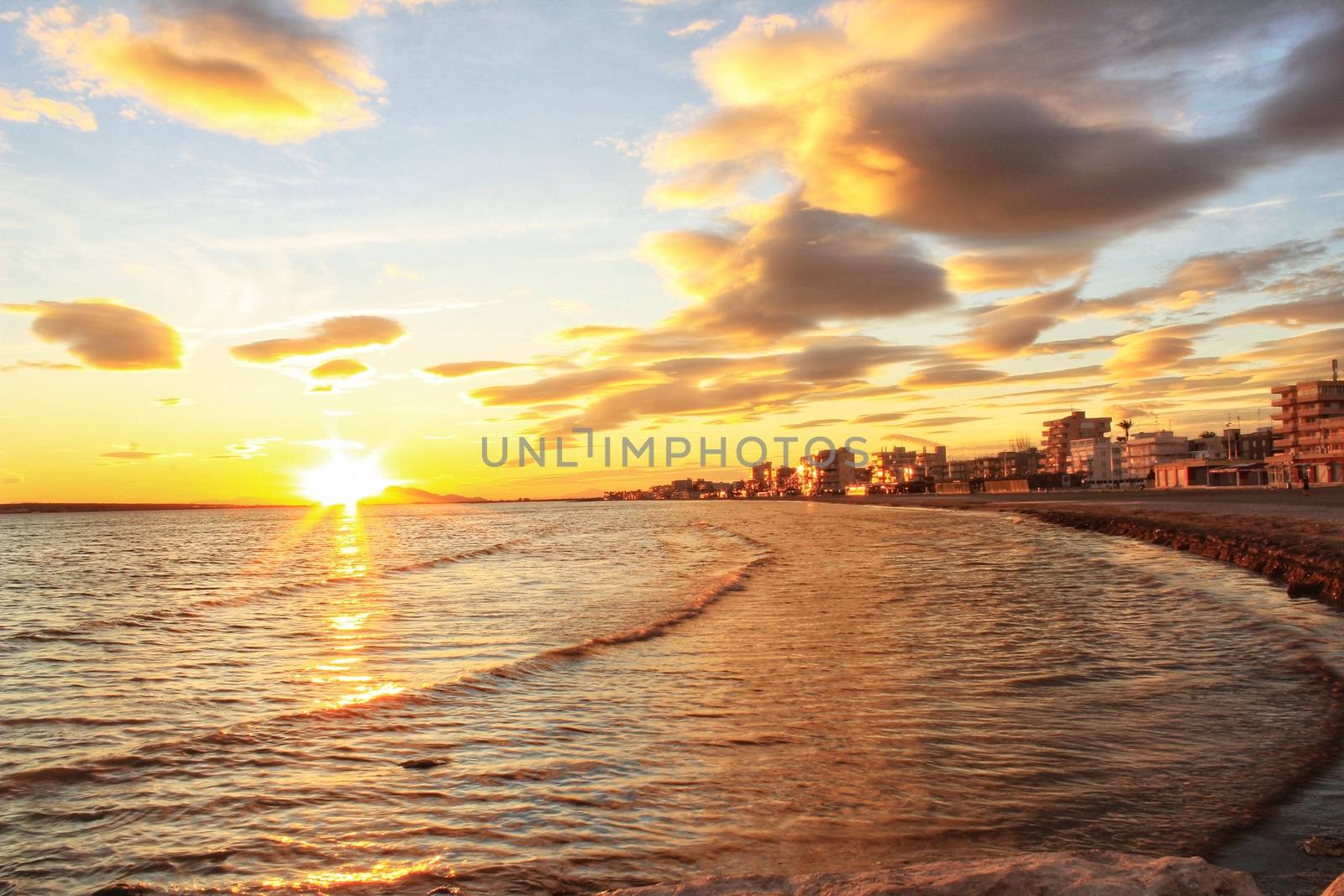 Colorful and Beautiful sky and sea at Sunset in Santa Pola, a small fishing village in southern Spain