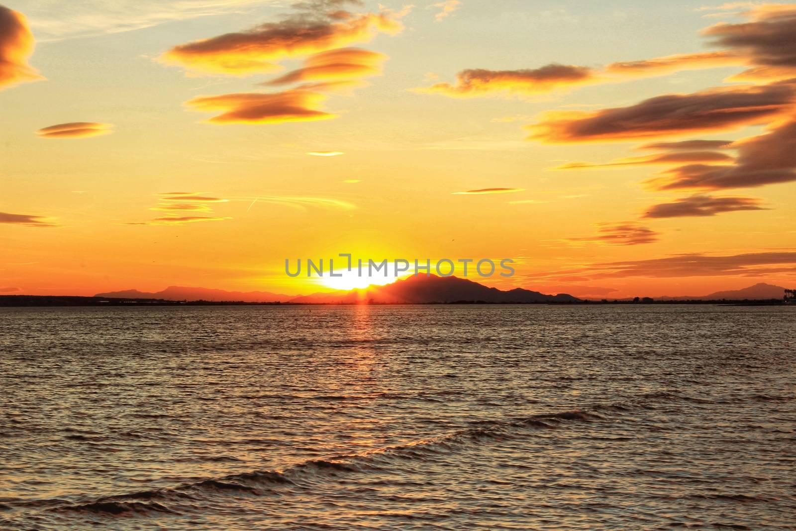 Colorful and Beautiful sky and sea at Sunset in Santa Pola, a small fishing village in southern Spain