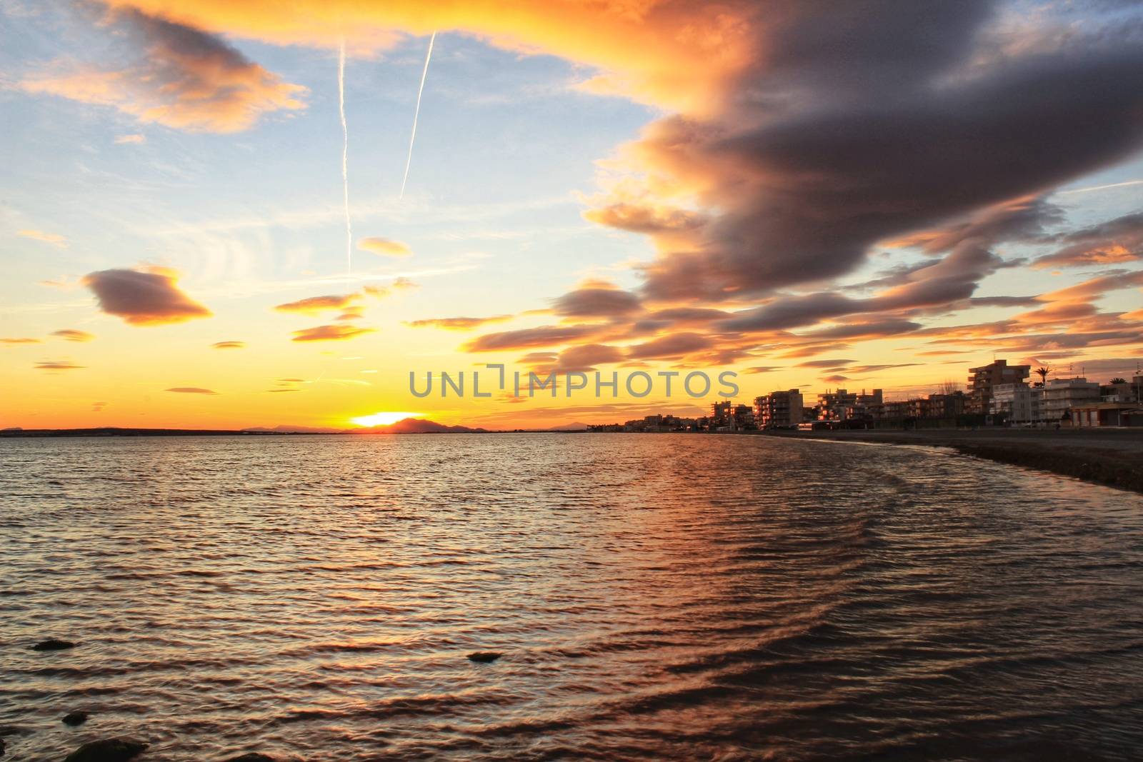 Colorful and Beautiful sky and sea at Sunset in Santa Pola, a small fishing village in southern Spain