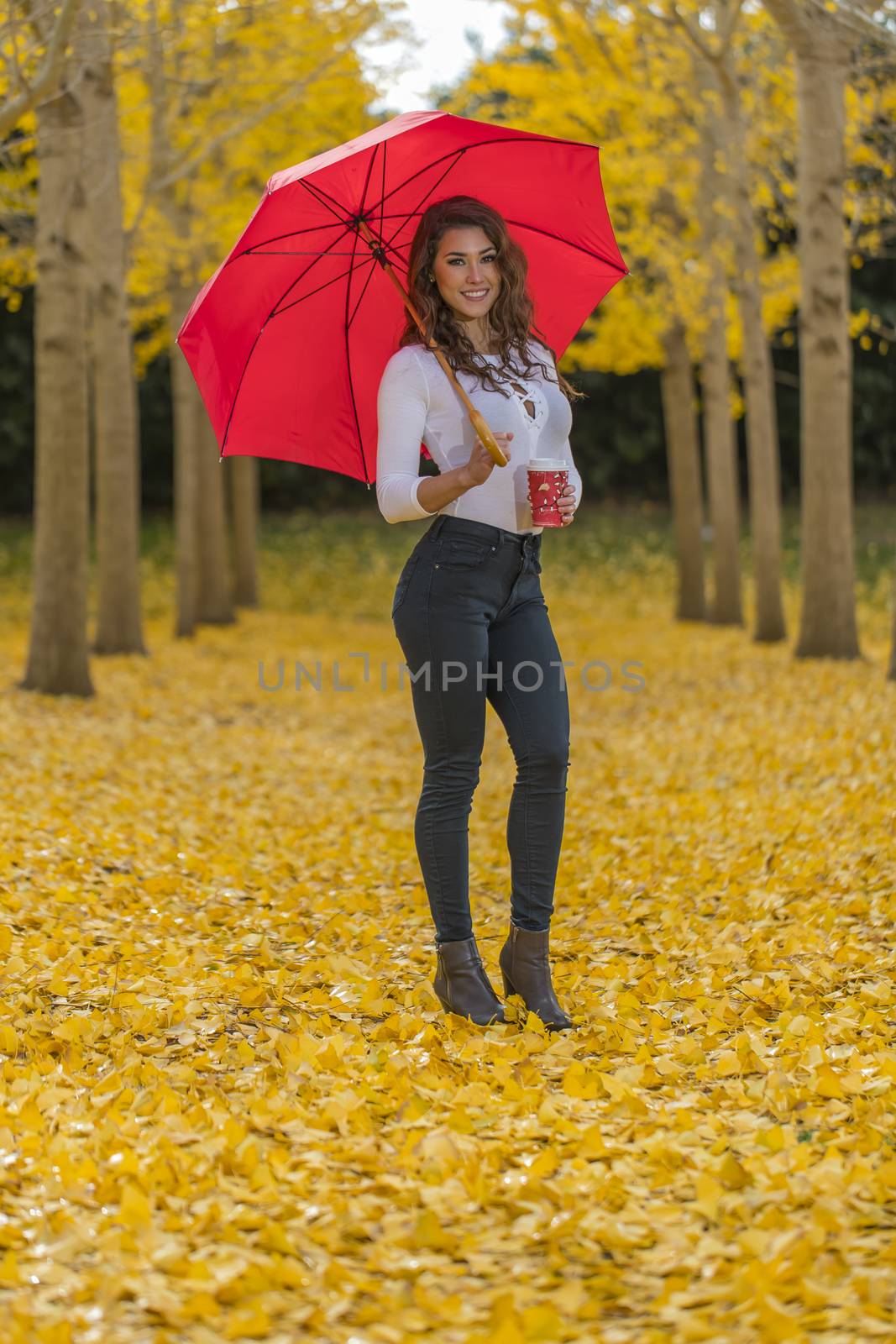 A beautiful brunette model with yellow fall foliage