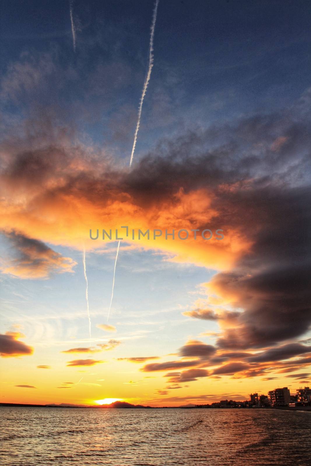 Colorful and Beautiful sky and sea at Sunset in Santa Pola, a small fishing village in southern Spain