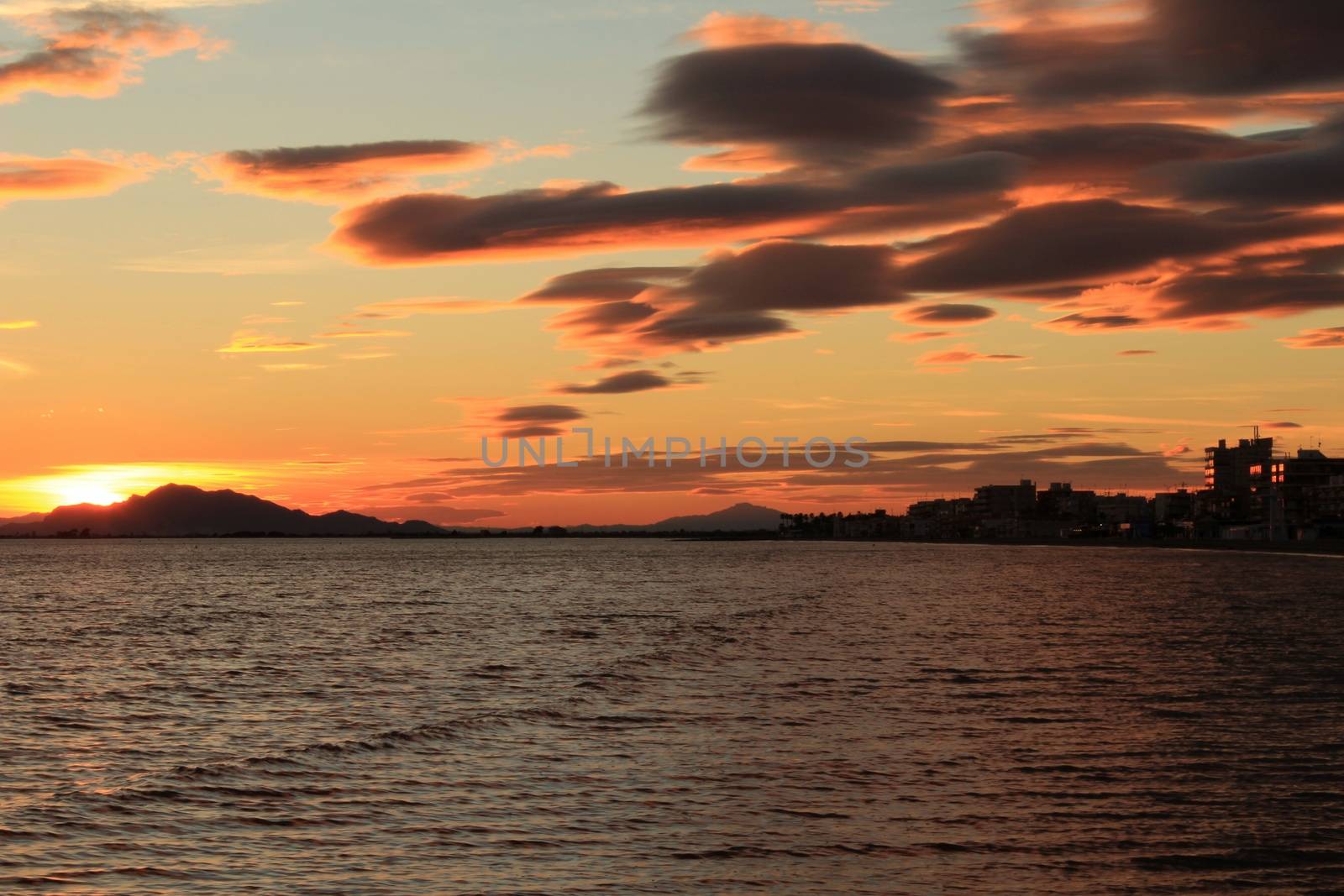 Colorful and Beautiful sky and sea at Sunset in Santa Pola, a small fishing village in southern Spain