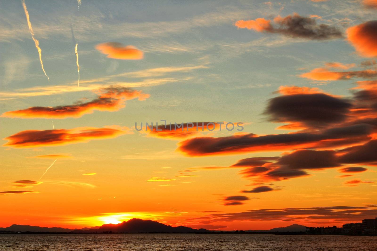 Colorful and Beautiful sky and sea at Sunset in Santa Pola, a small fishing village in southern Spain