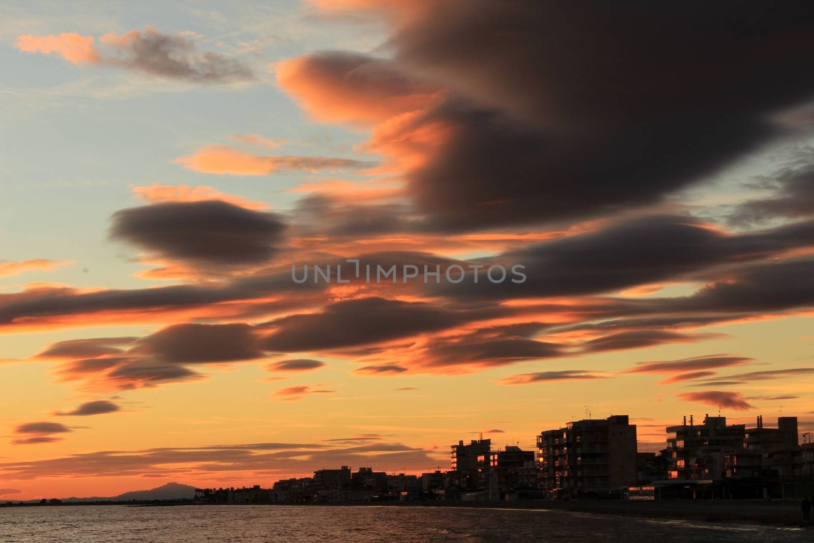 Colorful and Beautiful sky and sea at Sunset in Santa Pola, a small fishing village in southern Spain