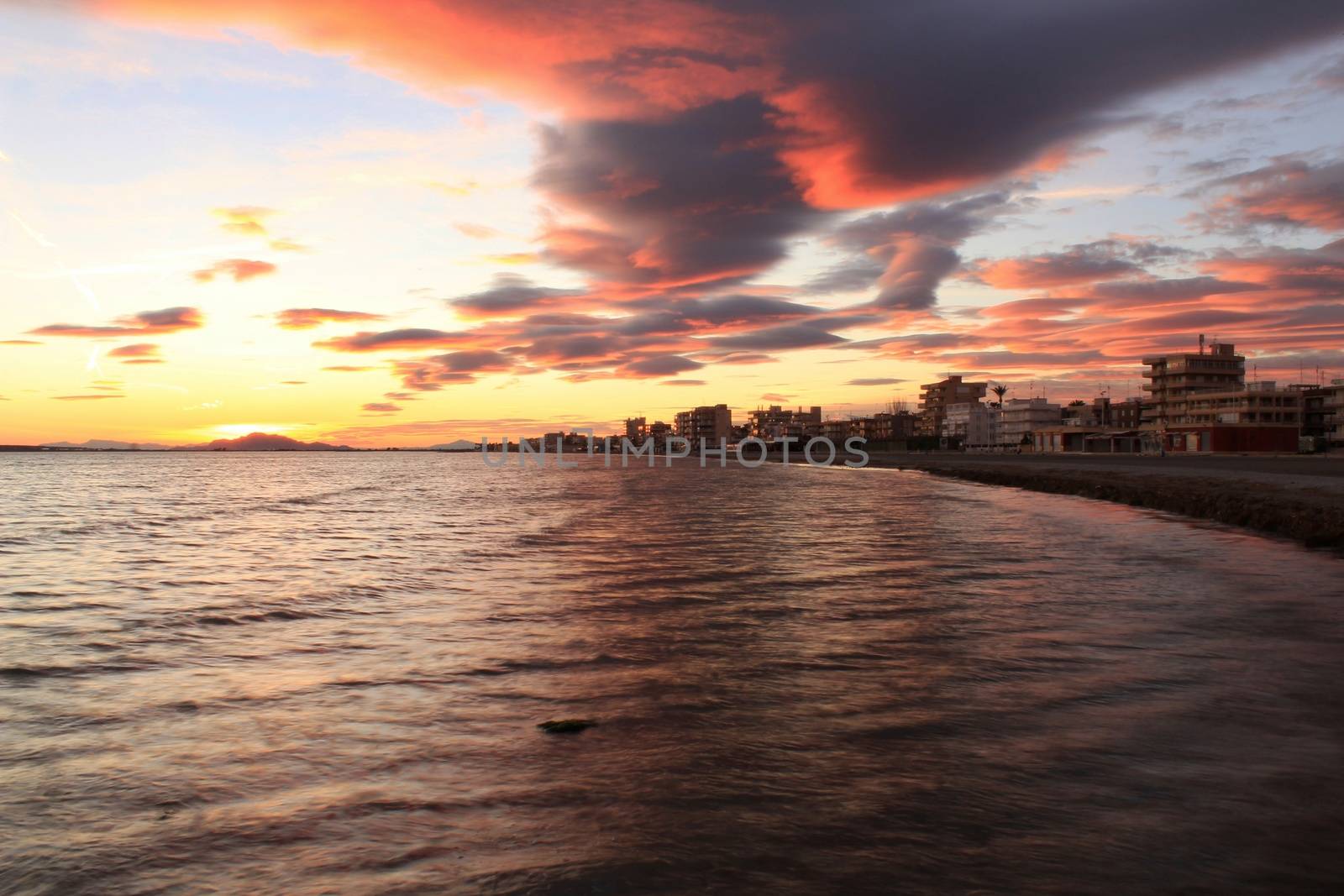 Colorful and Beautiful sky and sea at Sunset in Santa Pola, a small fishing village in southern Spain