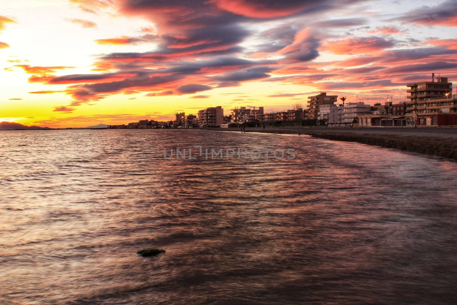 Colorful and Beautiful sky and sea at Sunset in Santa Pola, a small fishing village in southern Spain