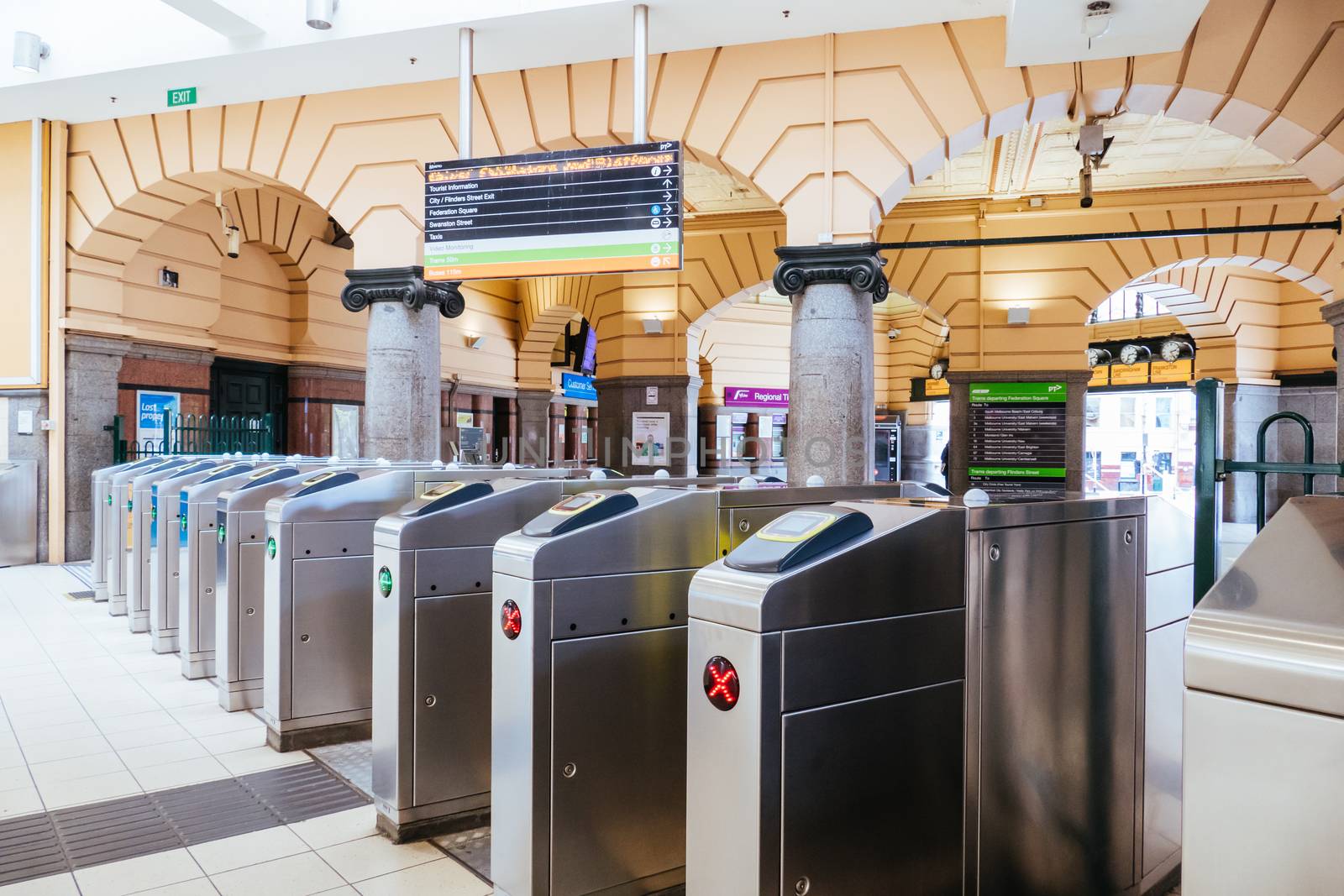 Melbourne, Australia - October 18, 2020: Flinders St Station in Melbourne is quiet and empty during the Coronavirus pandemic and associated lockdown.