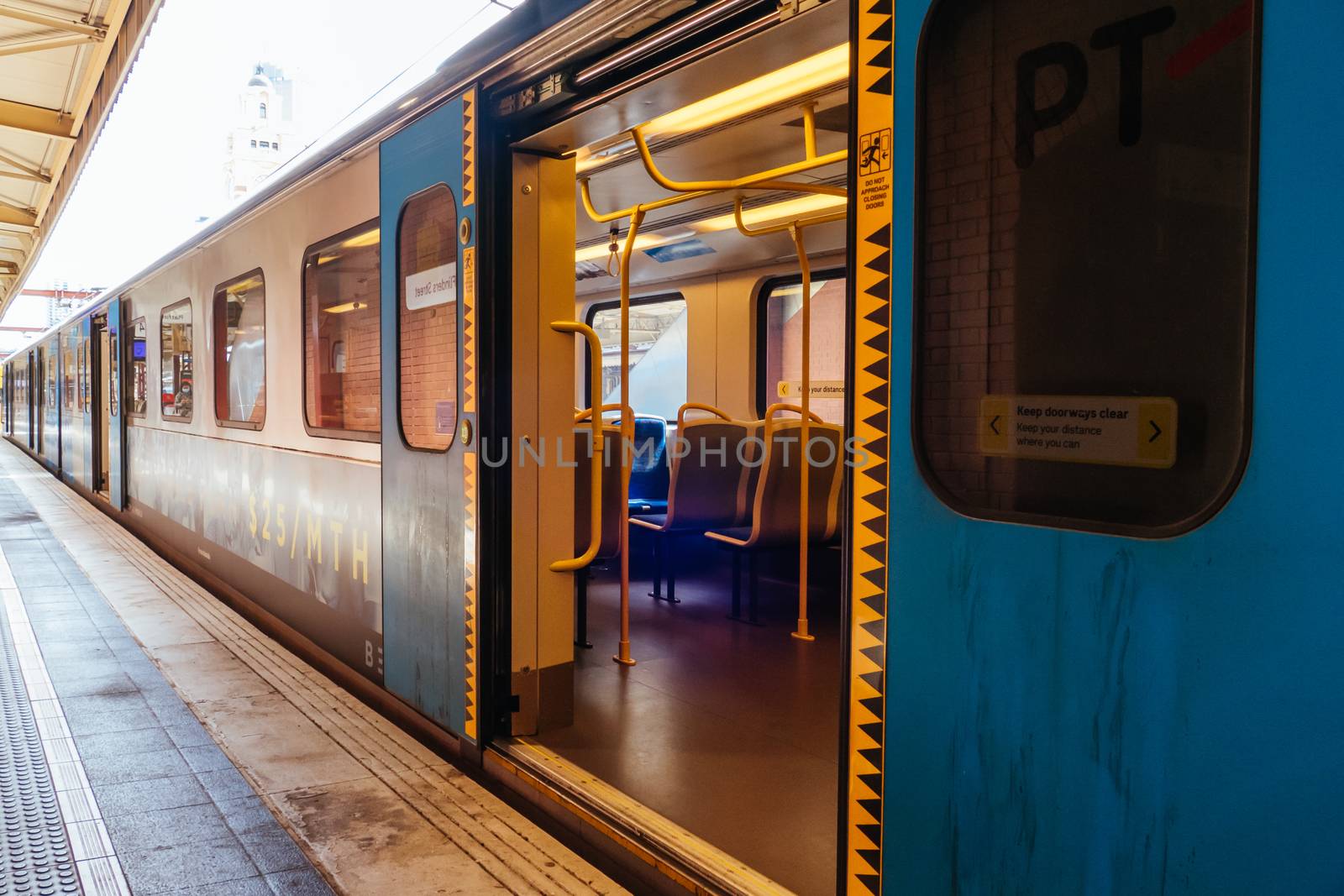 Melbourne, Australia - October 18, 2020: Flinders St Station in Melbourne is quiet and empty during the Coronavirus pandemic and associated lockdown.