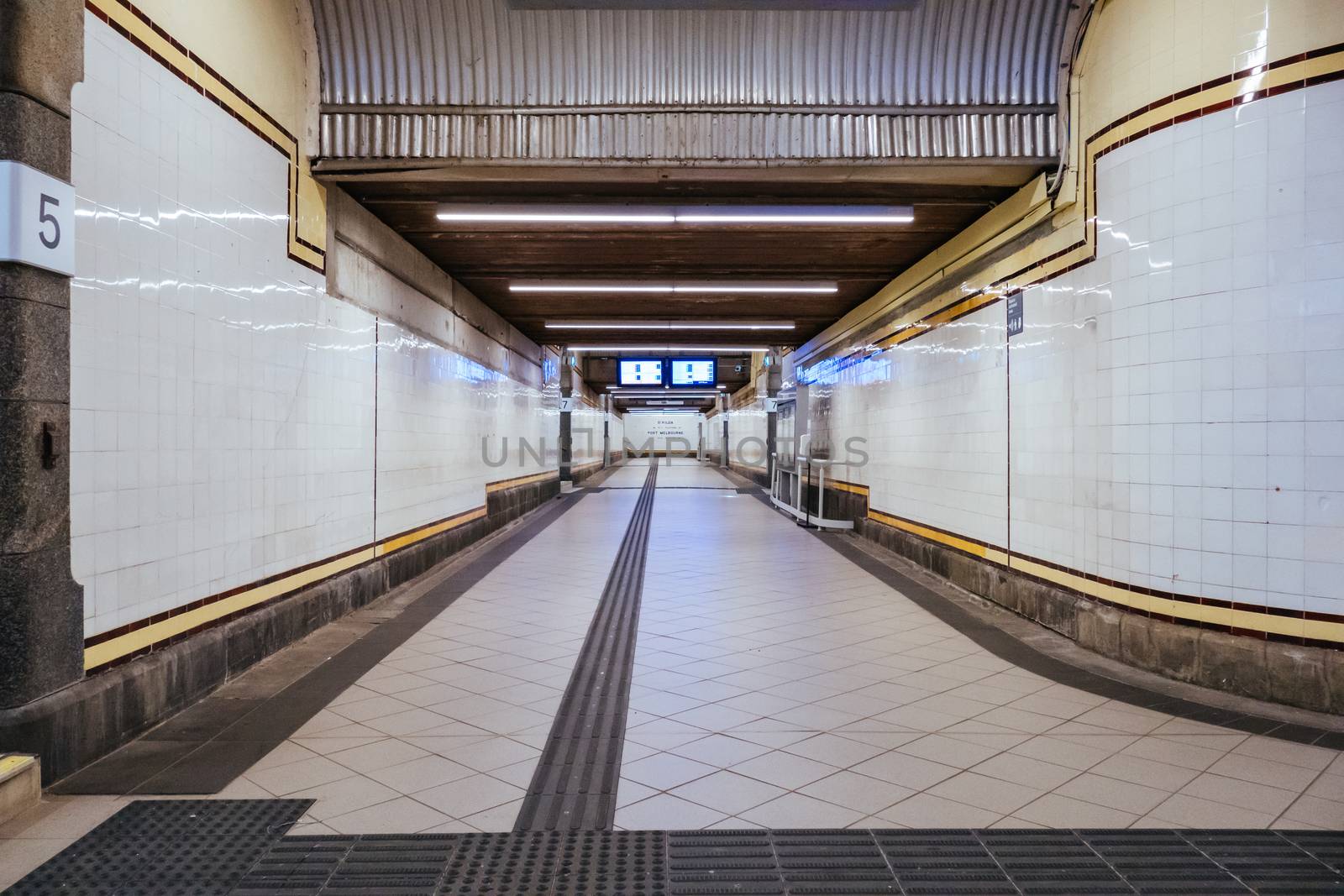 Melbourne, Australia - October 18, 2020: Flinders St Station in Melbourne is quiet and empty during the Coronavirus pandemic and associated lockdown.