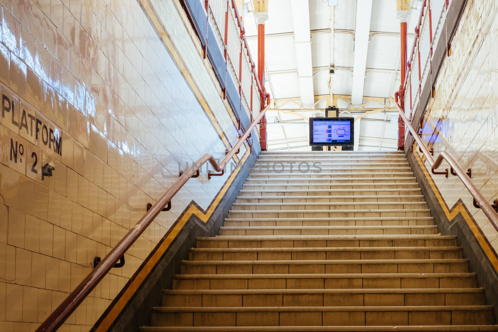 Melbourne, Australia - October 18, 2020: Flinders St Station in Melbourne is quiet and empty during the Coronavirus pandemic and associated lockdown.