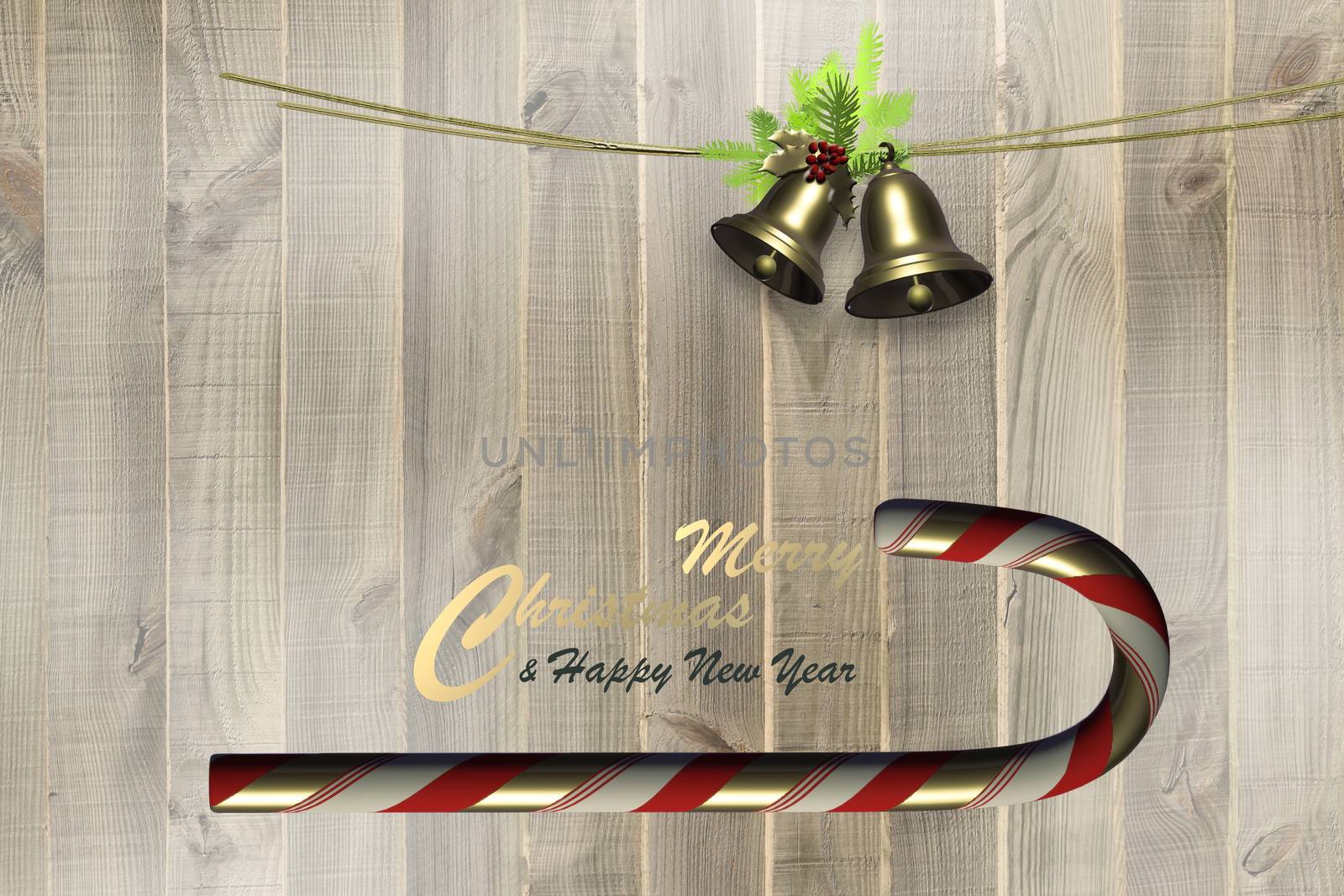 Christmas New Year design on wooden background. Candy cane, gold bells, fir branches, golden text Merry Christmas Happy New Year on wood board. 3D render