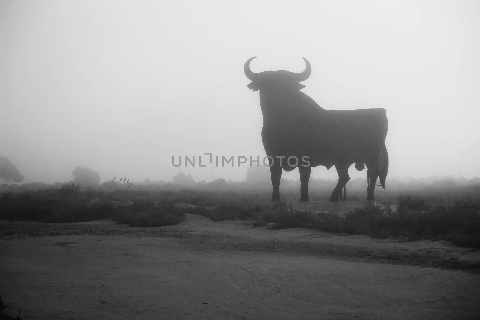 Santa Pola, Alicante, Spain- February 20, 2020: Silhouette of the mythical and typical spanish Osborne bull in the salt pans of Santa Pola, Alicante on a foggy day