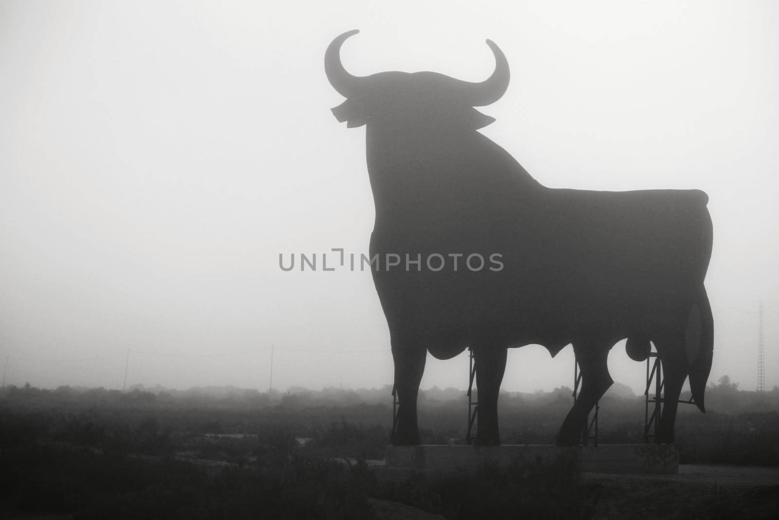Santa Pola, Alicante, Spain- February 20, 2020: Silhouette of the mythical and typical spanish Osborne bull in the salt pans of Santa Pola, Alicante on a foggy day