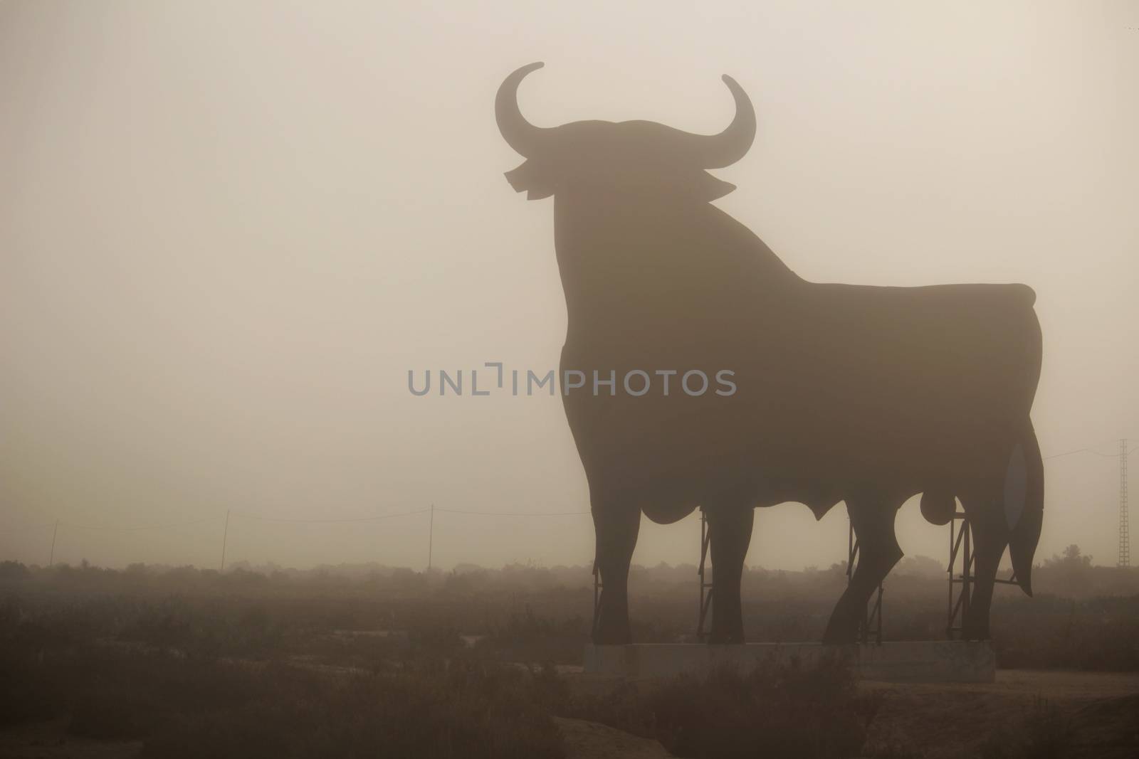 Santa Pola, Alicante, Spain- February 20, 2020: Silhouette of the mythical and typical spanish Osborne bull in the salt pans of Santa Pola, Alicante on a foggy day