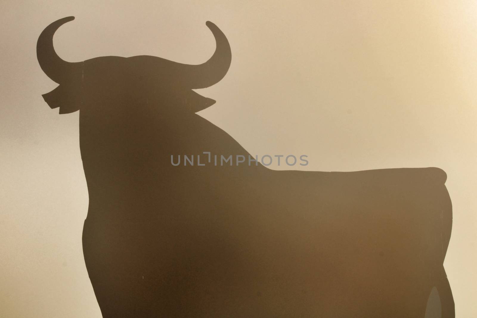Santa Pola, Alicante, Spain- February 20, 2020: Silhouette of the mythical and typical spanish Osborne bull in the salt pans of Santa Pola, Alicante on a foggy day