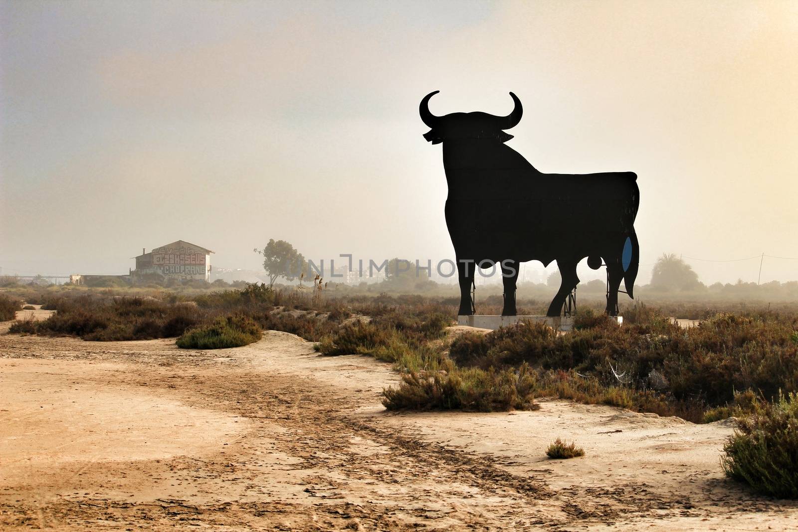 Santa Pola, Alicante, Spain- February 20, 2020: Silhouette of the mythical and typical spanish Osborne bull in the salt pans of Santa Pola, Alicante on a foggy day