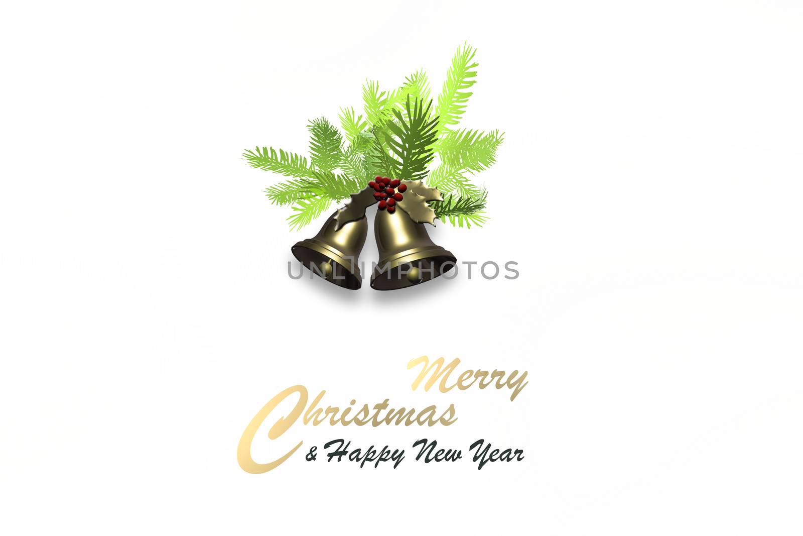 Minimalist Christmas background on white. Xmas bell, fir branches, gold text Merry Christmas Happy New Year. Place for text. Header, invitation, 3D render