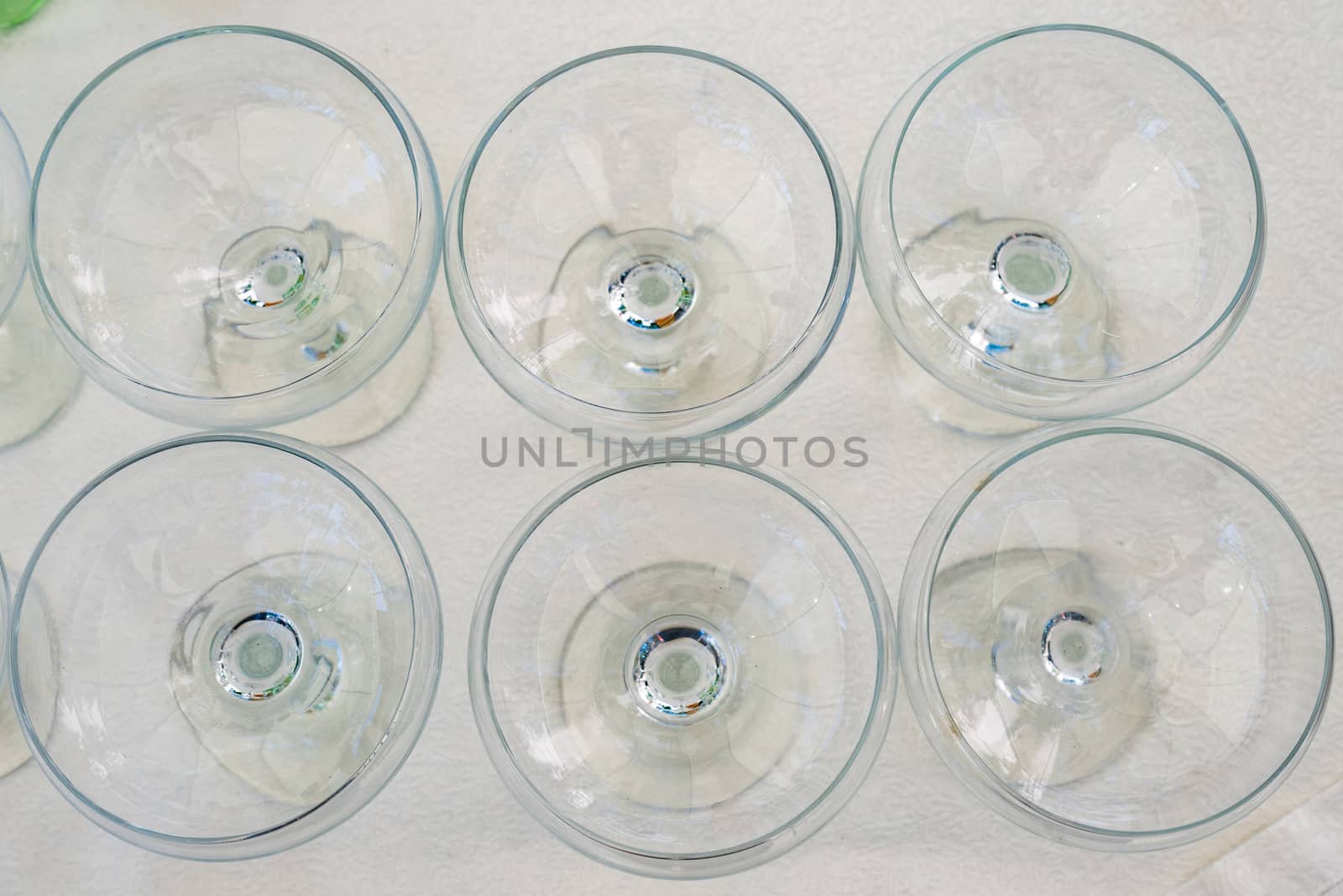 Empty martini glasses on the table. Glassware. Top view