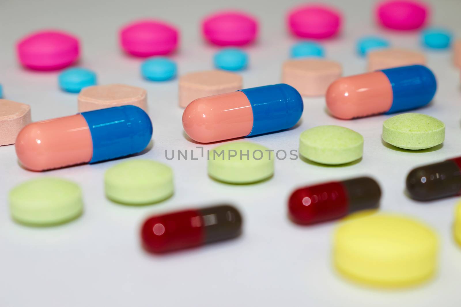 variety of kinds of drug in lines in Medical healthcare manufacturing factory concept with copy space,closed up