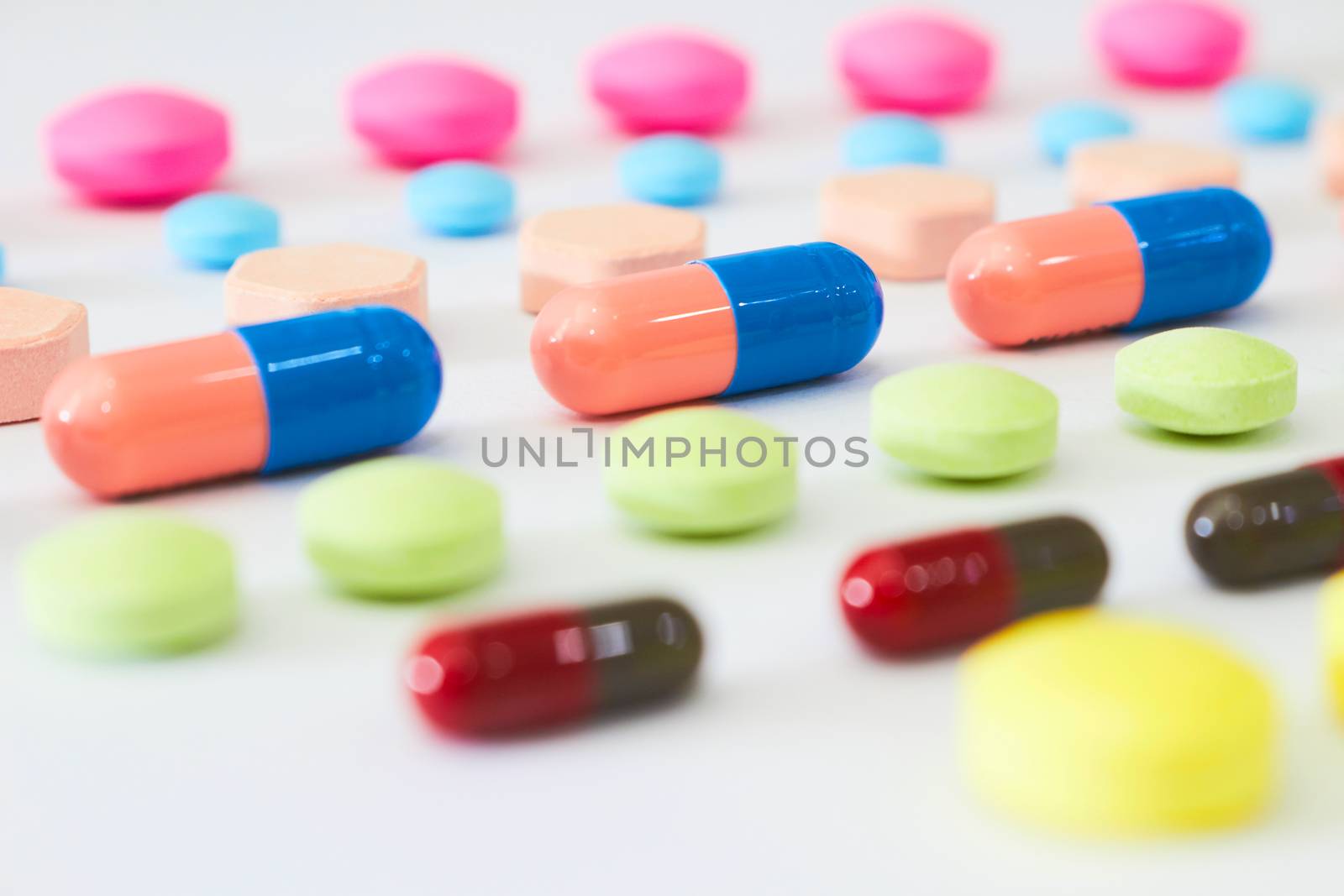 variety of kinds of drug in lines with shade in Medical healthcare manufacturing factory concept with copy space,closed up