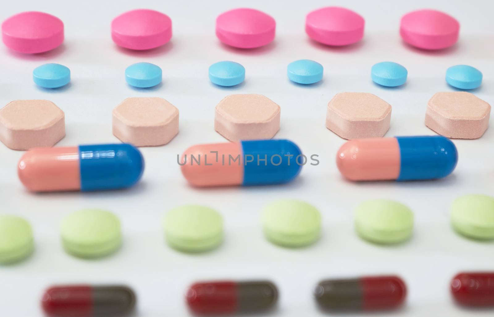 variety of kinds of drugs in lines in Medical healthcare manufacturing factory concept with copy space,top view