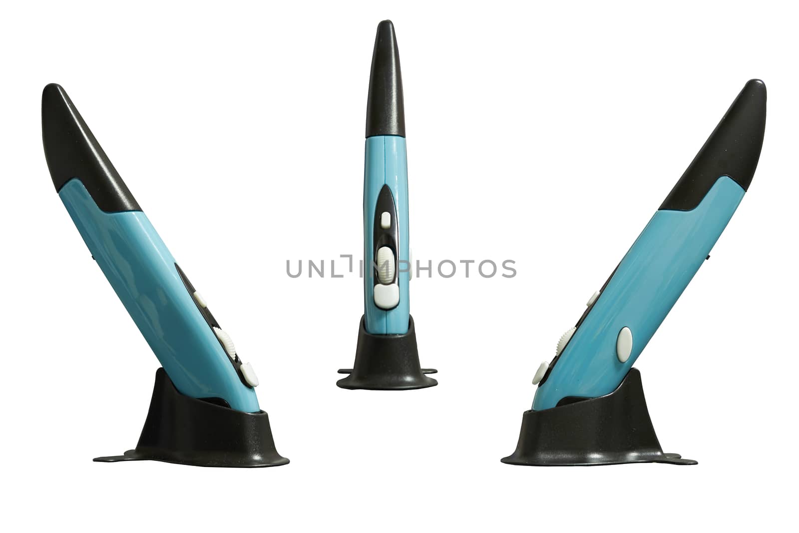 Wireless pen mouse on stand for using with computer ,side and front  on isolated white background