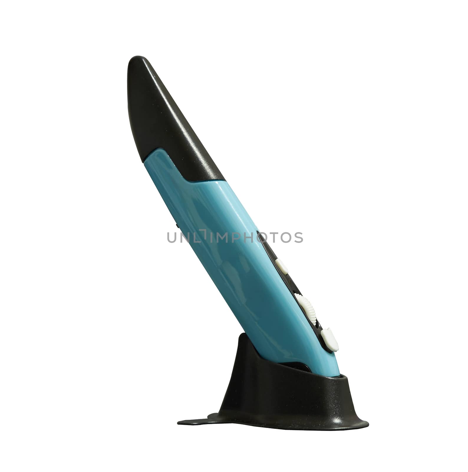 Wireless pen mouse on stand for using with computer , right side view on isolated white background