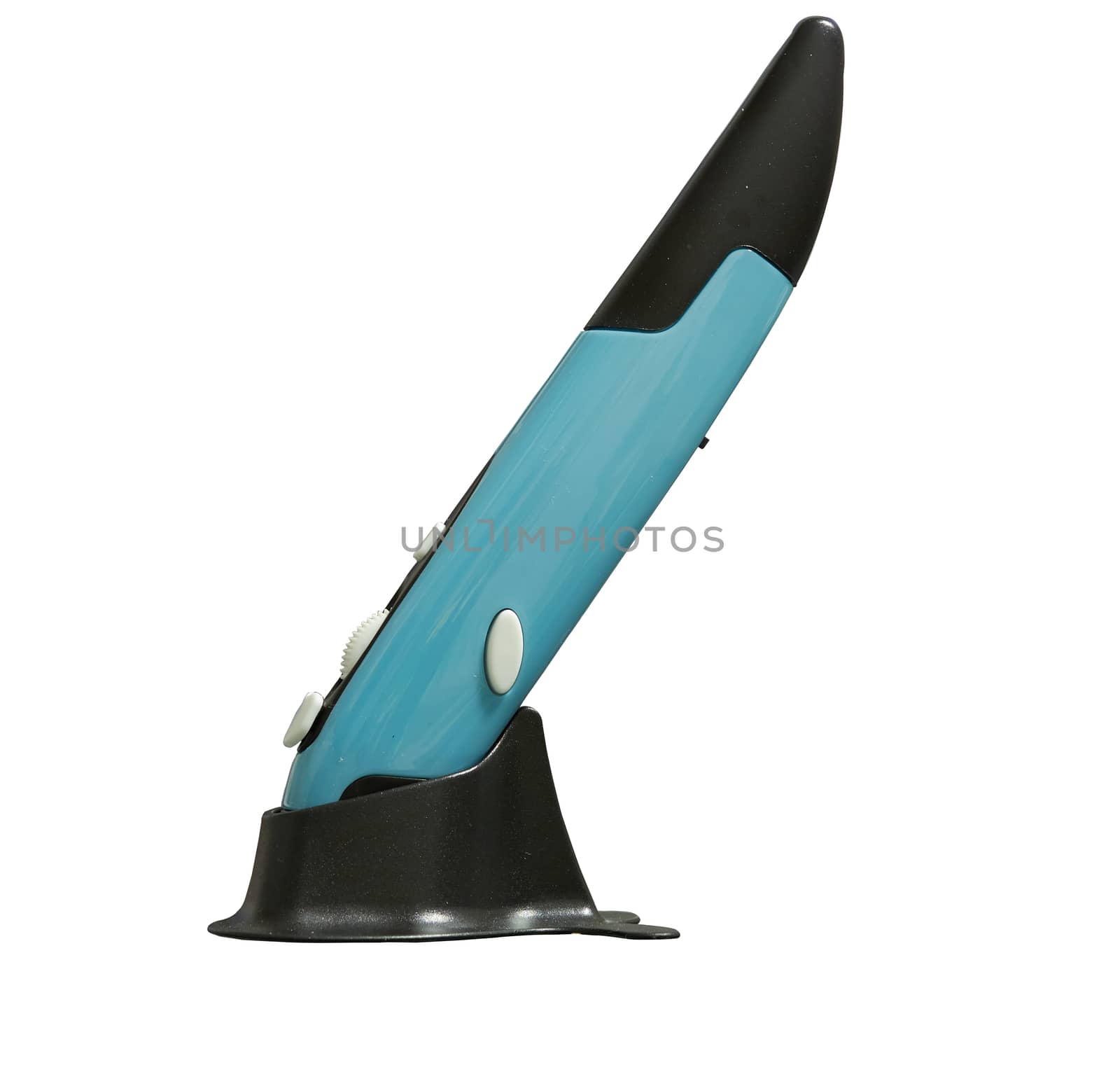 Wireless pen mouse on stand for using with computer on isolated white background