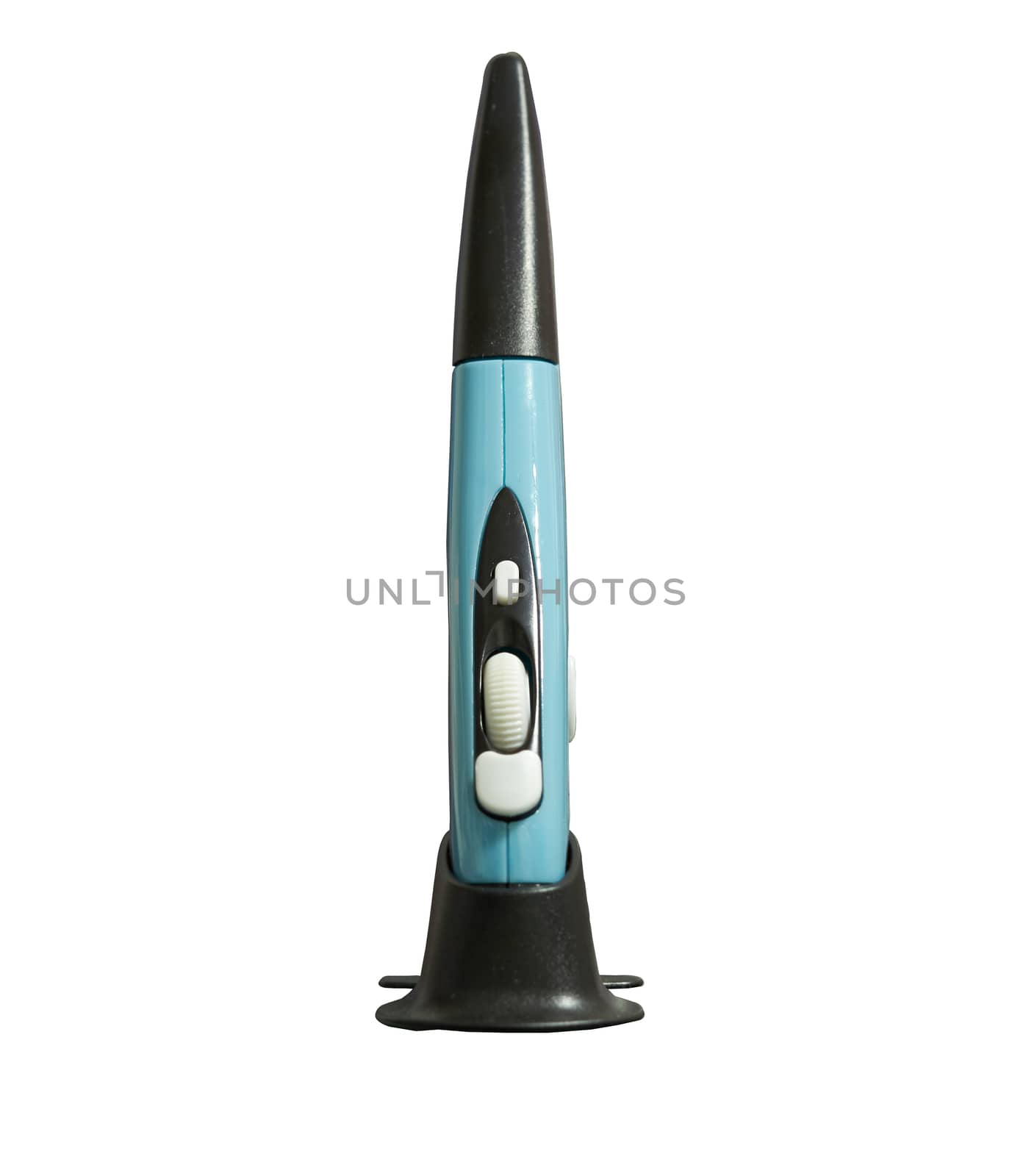 Wireless pen mouse on stand for using with computer , front view on isolated white background