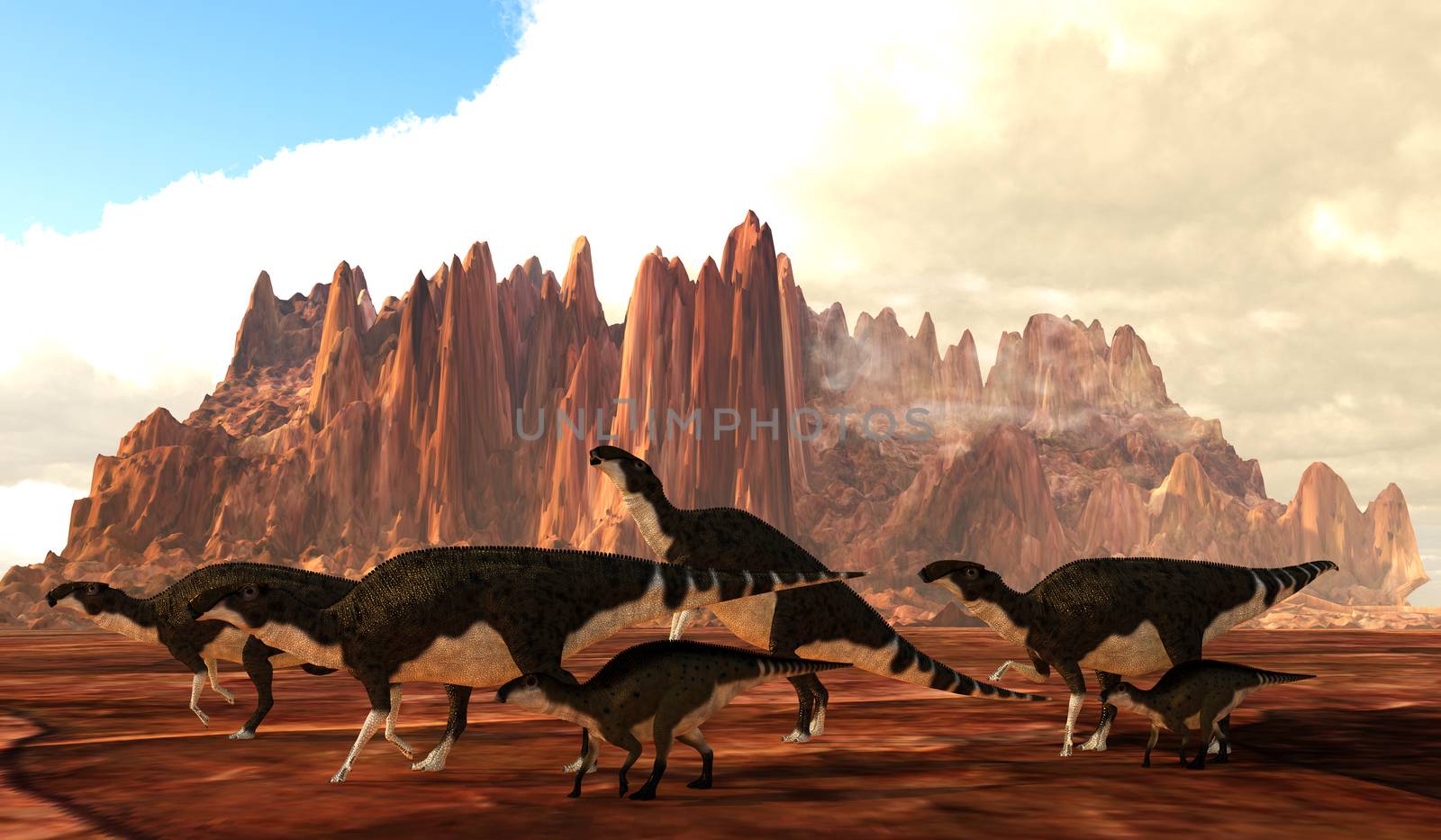 A herd of Brachylophosaurus dinosaurs cross a desert area during the Cretaceous Period of Canada and the United States.
