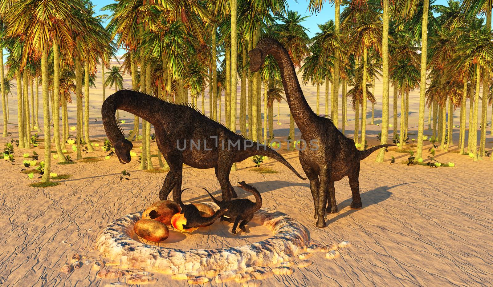Two Brachiosaurus parents watch their offspring hatch from dinosaur eggs in a nest that they nurtured.