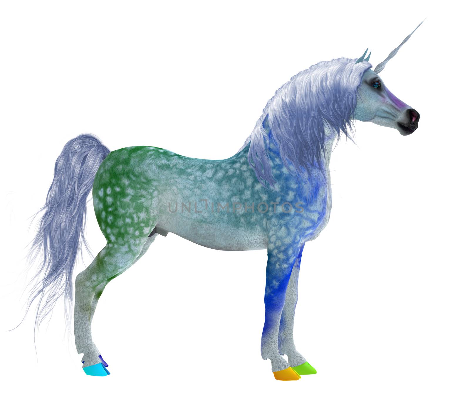 This colorful fantasy unicorn is a legendary creature of mythology with a pointed forehead spiral horn.