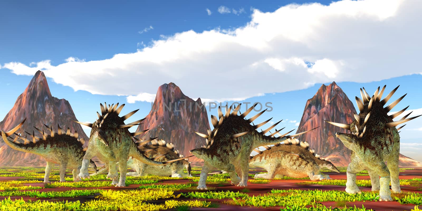 A herd of Kentrosaurus herbivorous dinosaurs feed and rest under nearby mountains during the Jurassic Period of Tanzania.