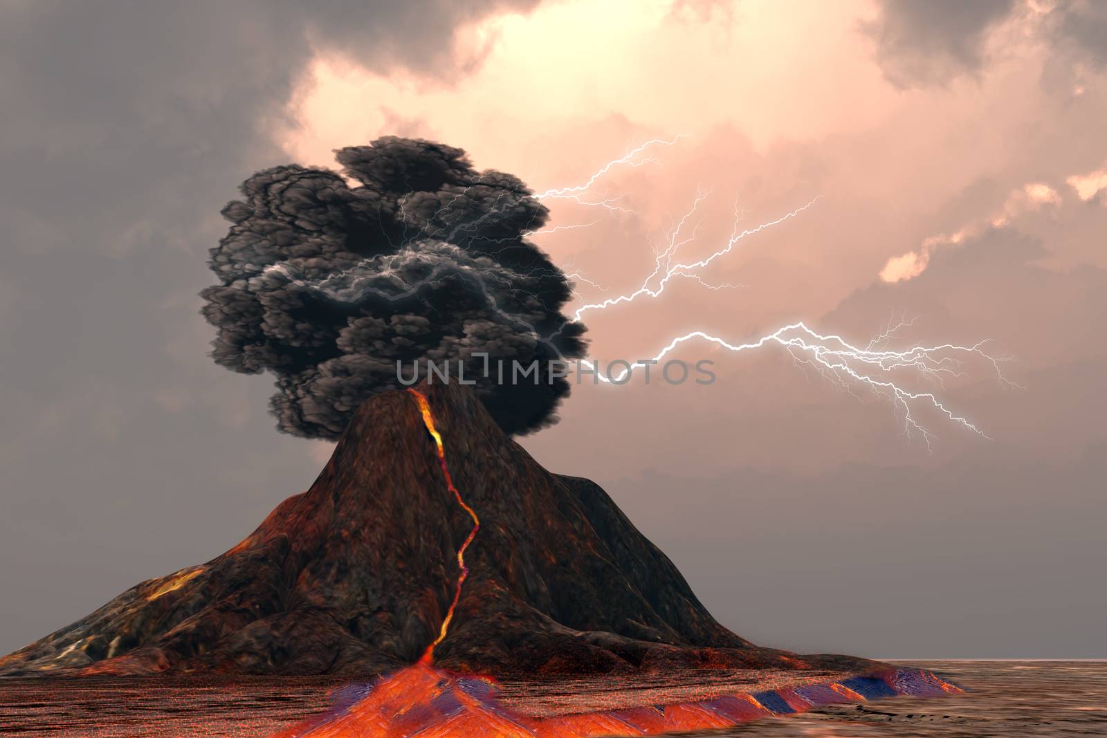 Lightning and thunder crack inside a billowing smoke plume as a volcano erupts with glowing lava.