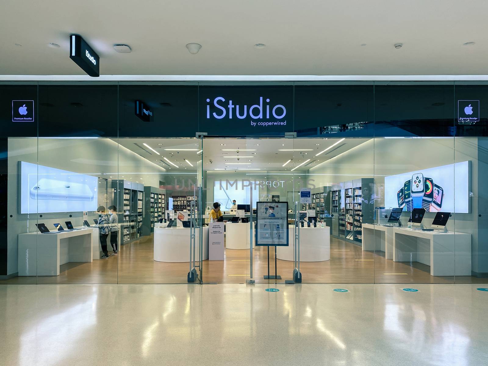 iStudio, Apple premium shop by Copperwired, at the Central Embassy, Bangkok, Thailand with pandemic influenza precautions procedure during Covid-19 situation
