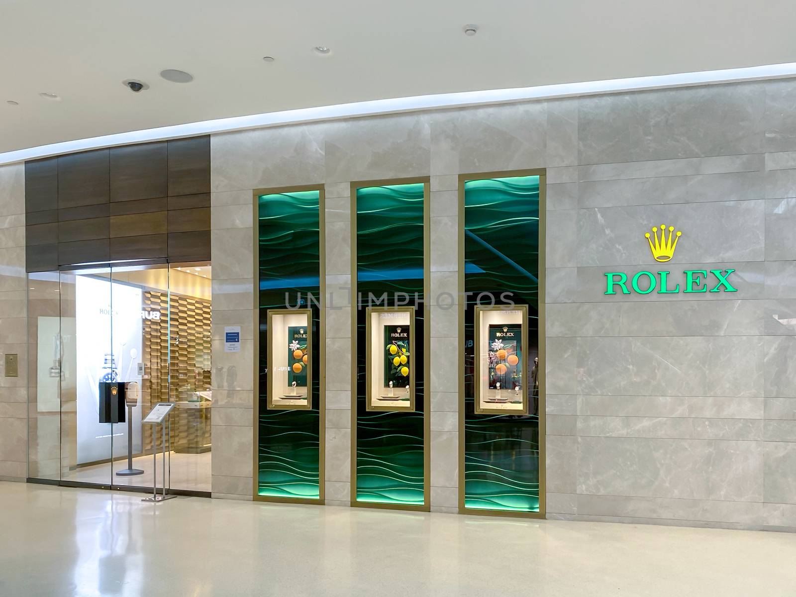 Rolex storefront at Central Embassy, Bangkok with pandemic influenza precautions procedure during Covid-19 situation. Rolex is a Swiss luxury watch manufacturer.