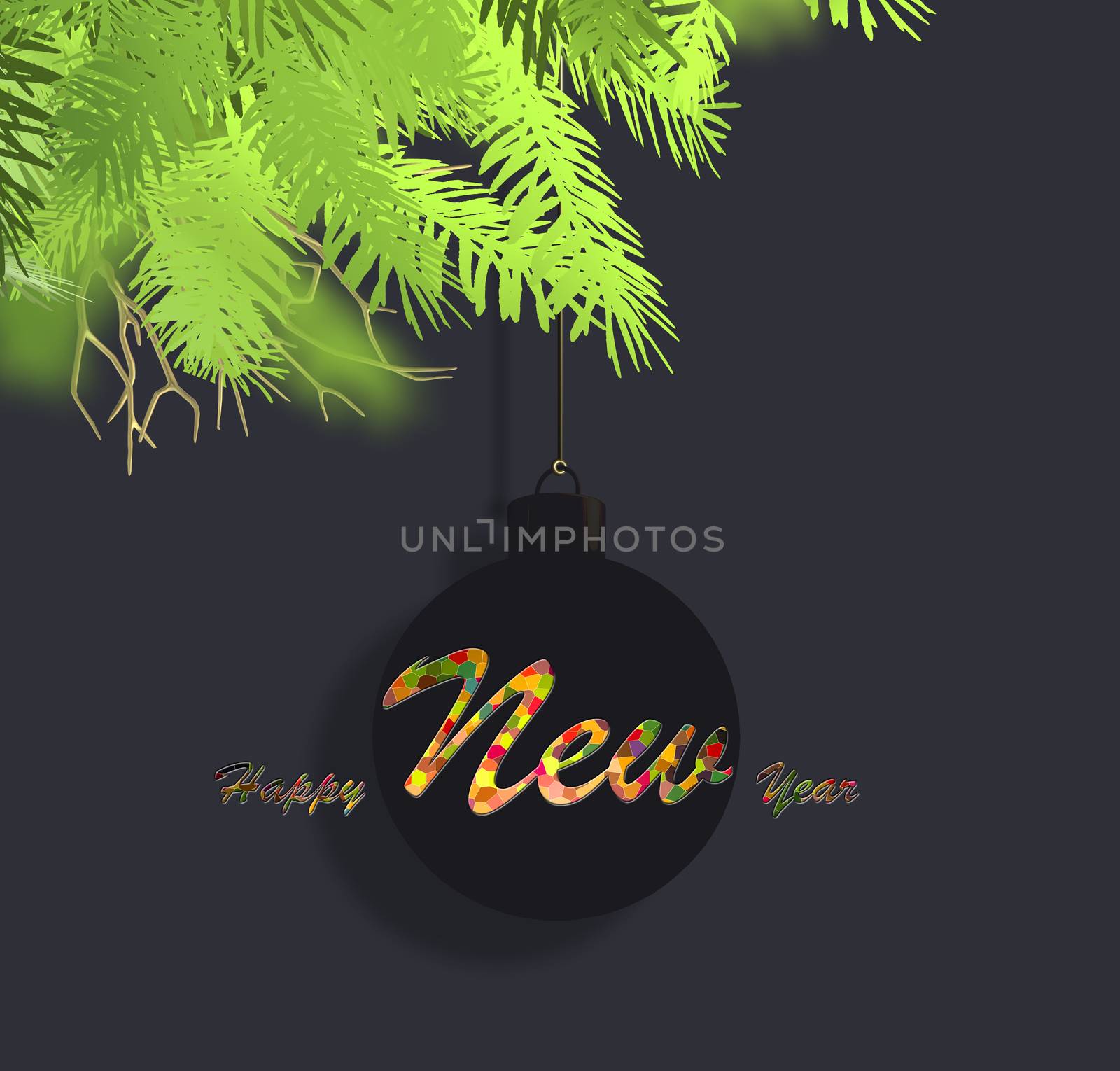 New Year abstract minimalist background. Hanging silhouette of Christmas ball bauble on branches of Xmas fir on black background. Colourful text Happy New Year. 3D Illustration.