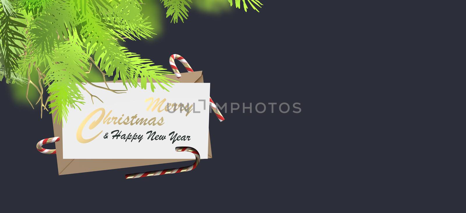 Holiday Christmas New Year banner. Envelope, Xmas candy canes, fir branches, text Merry Christmas on black background. Mock up, place for text. 3D illustration