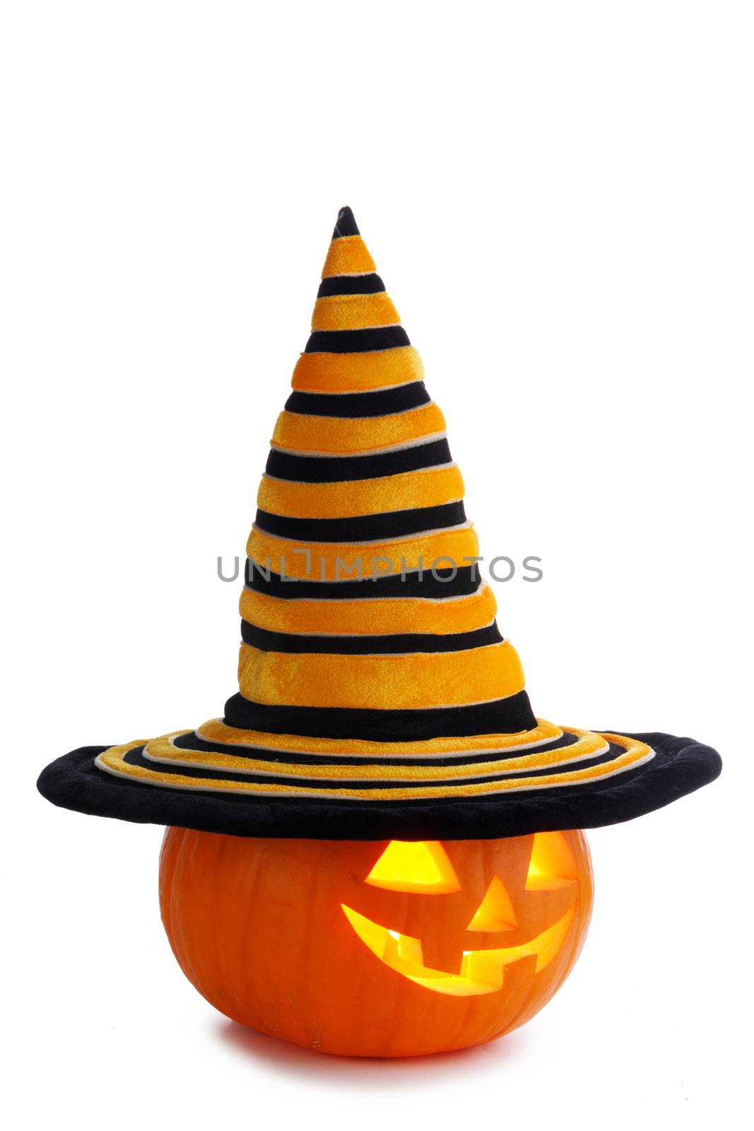 Jack O Lantern Halloween pumpkin in witches hat isolated on white background