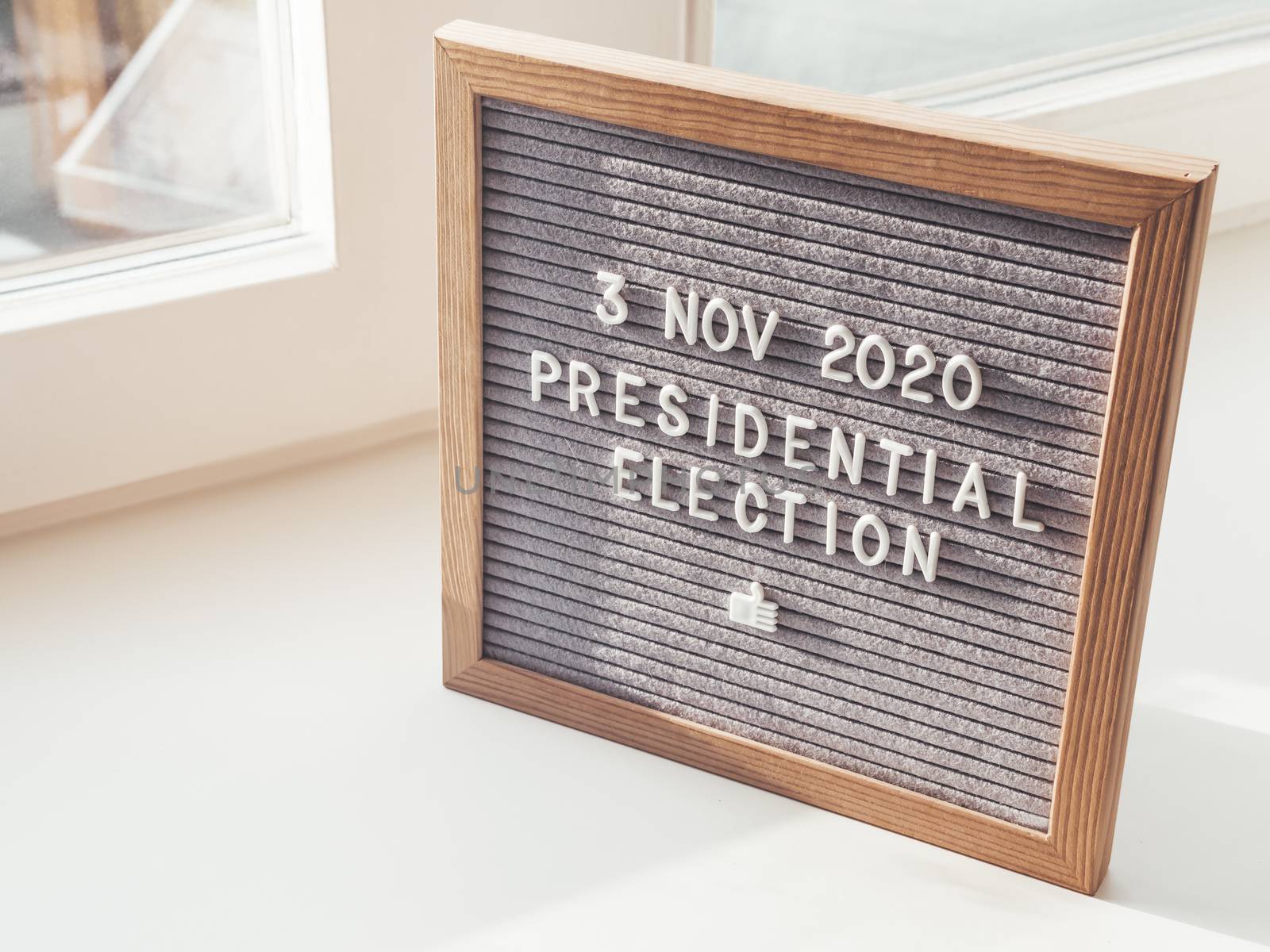 Announcement of USA Presidential Election at 3rd November 2020. Call to go to the vote. Letter board on white window sill.