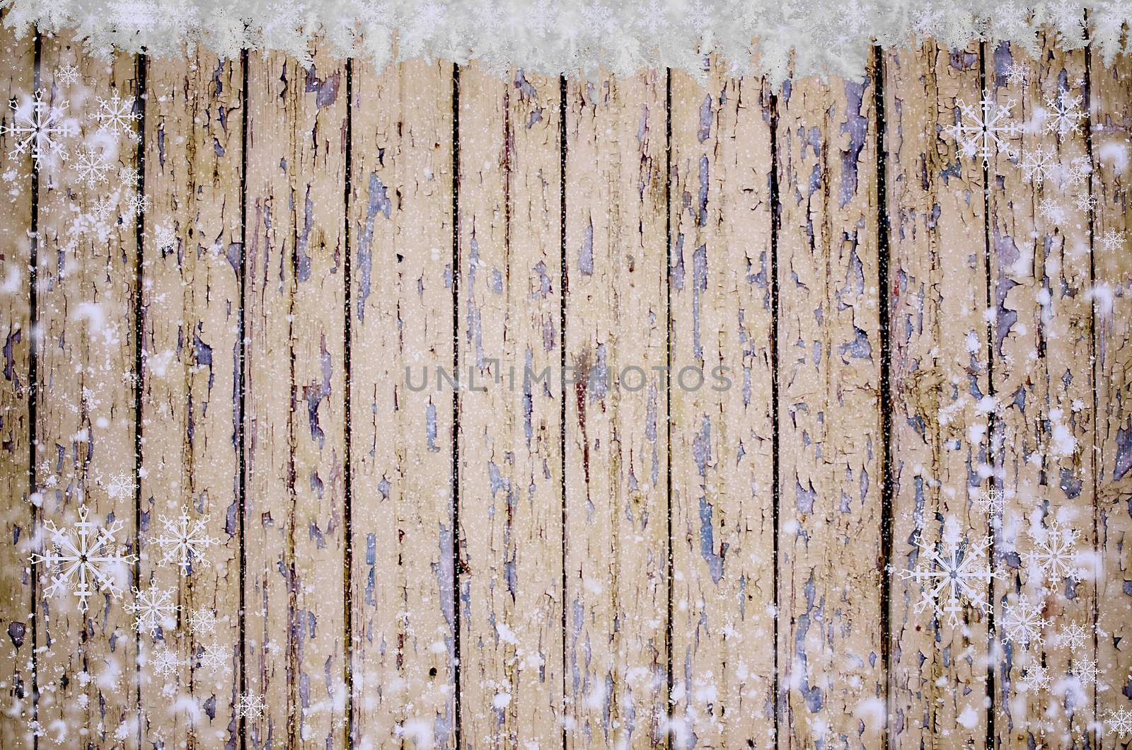 Christmas background with falling snow over wooden background. by KajaNi